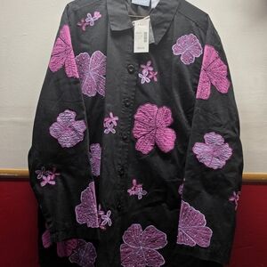Liz & Me Womens Black Denim Jacket Size XL Floral Embroidered Sequin 1X